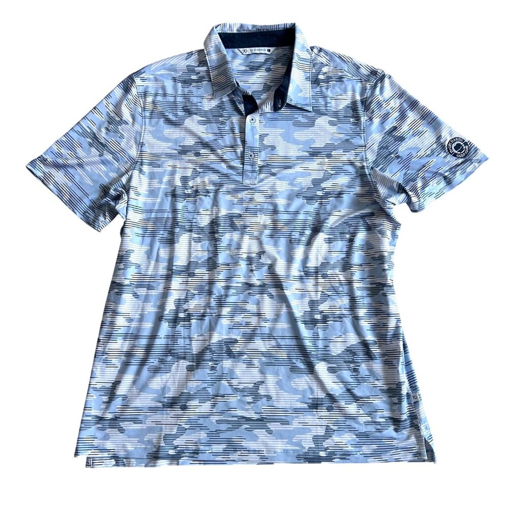 7Diamonds Men's Sz Large Stretch Polo Shirt Blue Camo Print Short Sleeve
